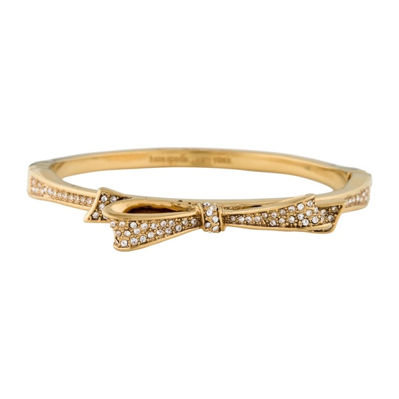 Kate Spade Gold Tone “Love Notes” Pave Crystal Bow Hinged Bangle Bracelet - Picture 1 of 4